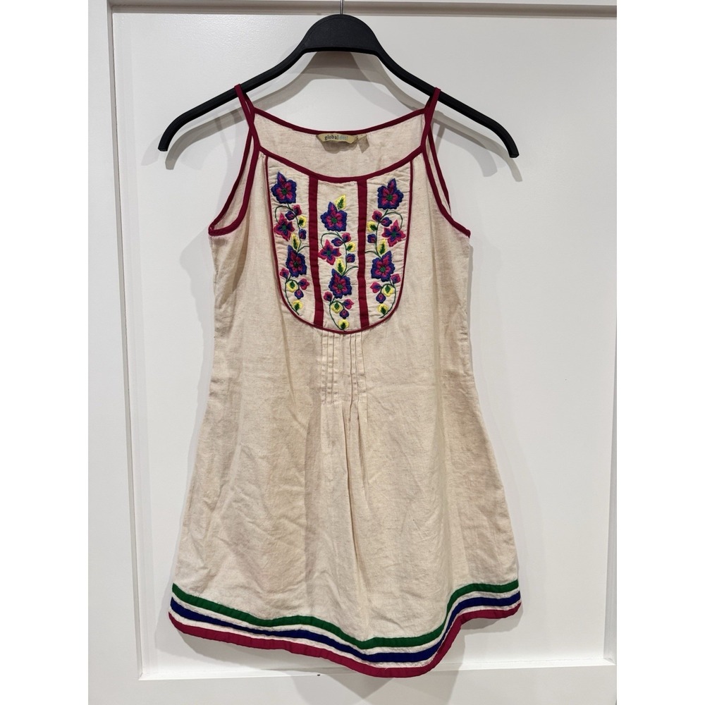 GLOBAL DESI Dress Life Small Ivory Floral Embroidered Straps Boho Fairy Natural